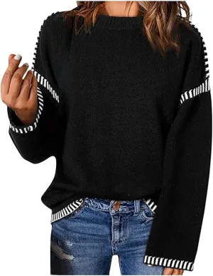 Sweaters for Women Trendy Casual Long Sleeve Crew Neck Loose Patchwork Knitted Pullover Sweaters 2024 Fall Clothes