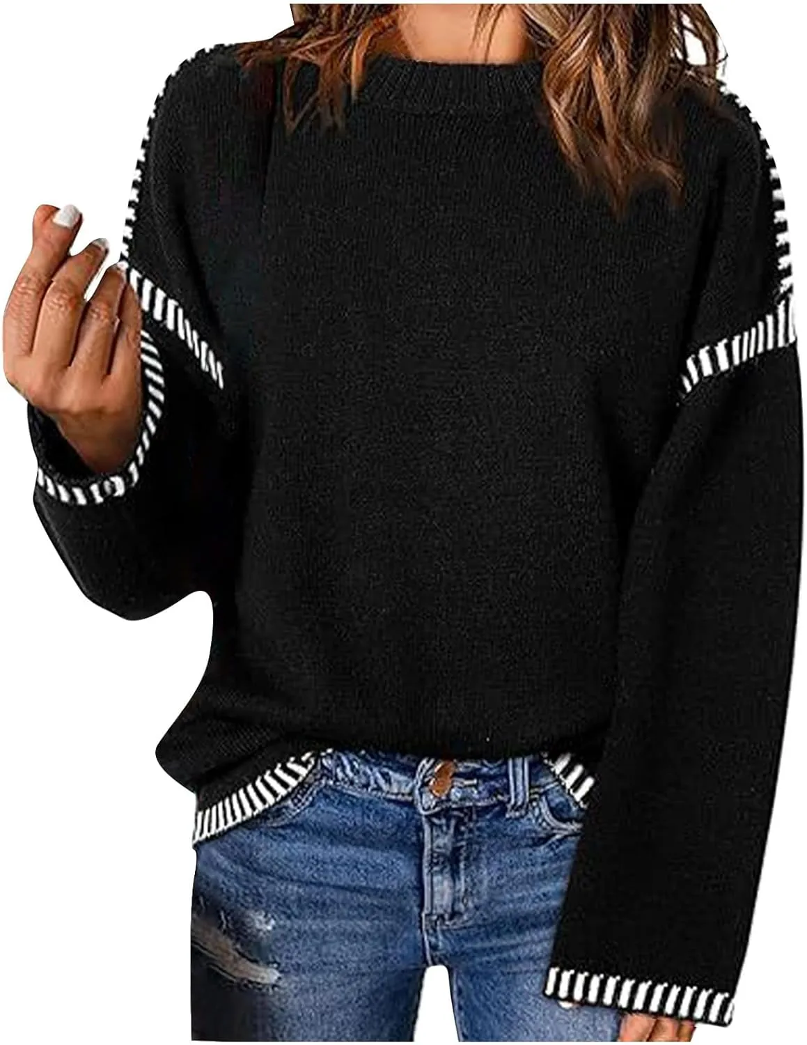 Sweaters for Women Trendy Casual Long Sleeve Crew Neck Loose Patchwork Knitted Pullover Sweaters 2024 Fall Clothes