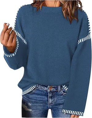 Sweaters for Women Trendy Casual Long Sleeve Crew Neck Loose Patchwork Knitted Pullover Sweaters 2024 Fall Clothes