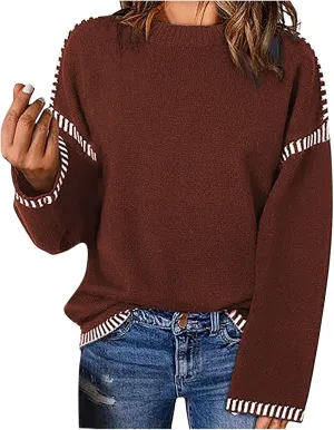 Sweaters for Women Trendy Casual Long Sleeve Crew Neck Loose Patchwork Knitted Pullover Sweaters 2024 Fall Clothes