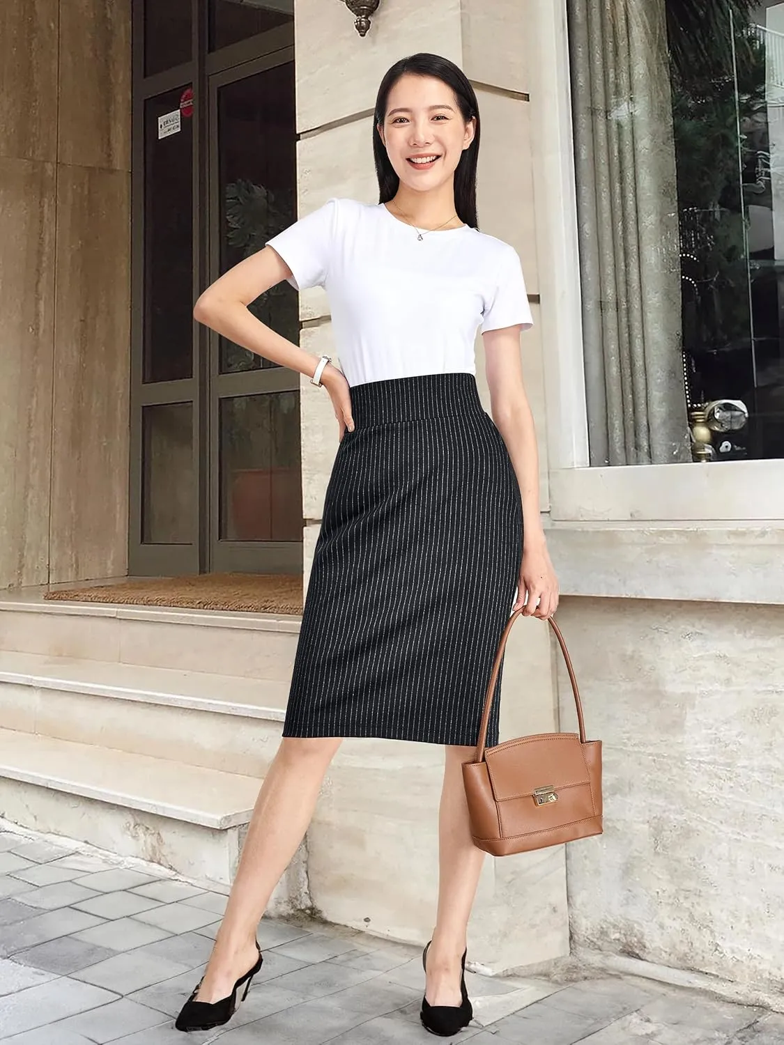 Tapata Womens Pencil Skirts Stretch Office Work Skirt Knee Length High Waist Midi Ponte Bodycon for Business Casual