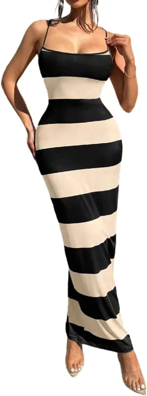 TOPSRANI Womens Bodycon Slip Maxi Dress Striped Color Block Backless Sleeveless Casual Sundress Sexy Slim Long Summer Dresses
