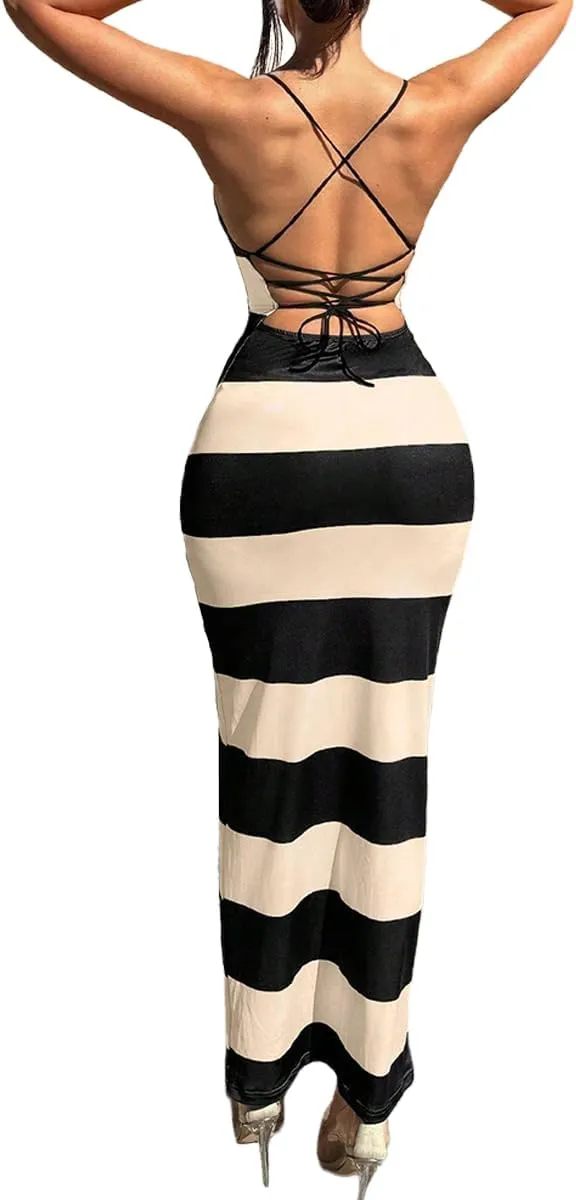 TOPSRANI Womens Bodycon Slip Maxi Dress Striped Color Block Backless Sleeveless Casual Sundress Sexy Slim Long Summer Dresses