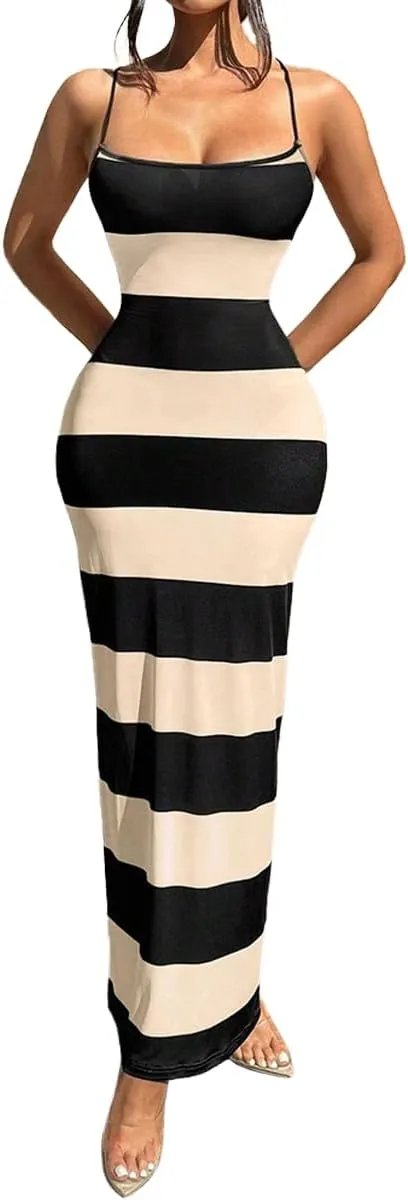 TOPSRANI Womens Bodycon Slip Maxi Dress Striped Color Block Backless Sleeveless Casual Sundress Sexy Slim Long Summer Dresses