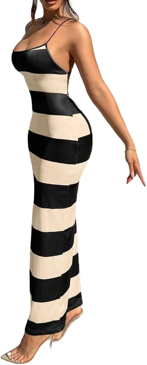 TOPSRANI Womens Bodycon Slip Maxi Dress Striped Color Block Backless Sleeveless Casual Sundress Sexy Slim Long Summer Dresses
