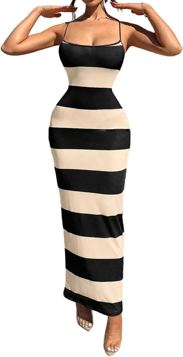 TOPSRANI Womens Bodycon Slip Maxi Dress Striped Color Block Backless Sleeveless Casual Sundress Sexy Slim Long Summer Dresses