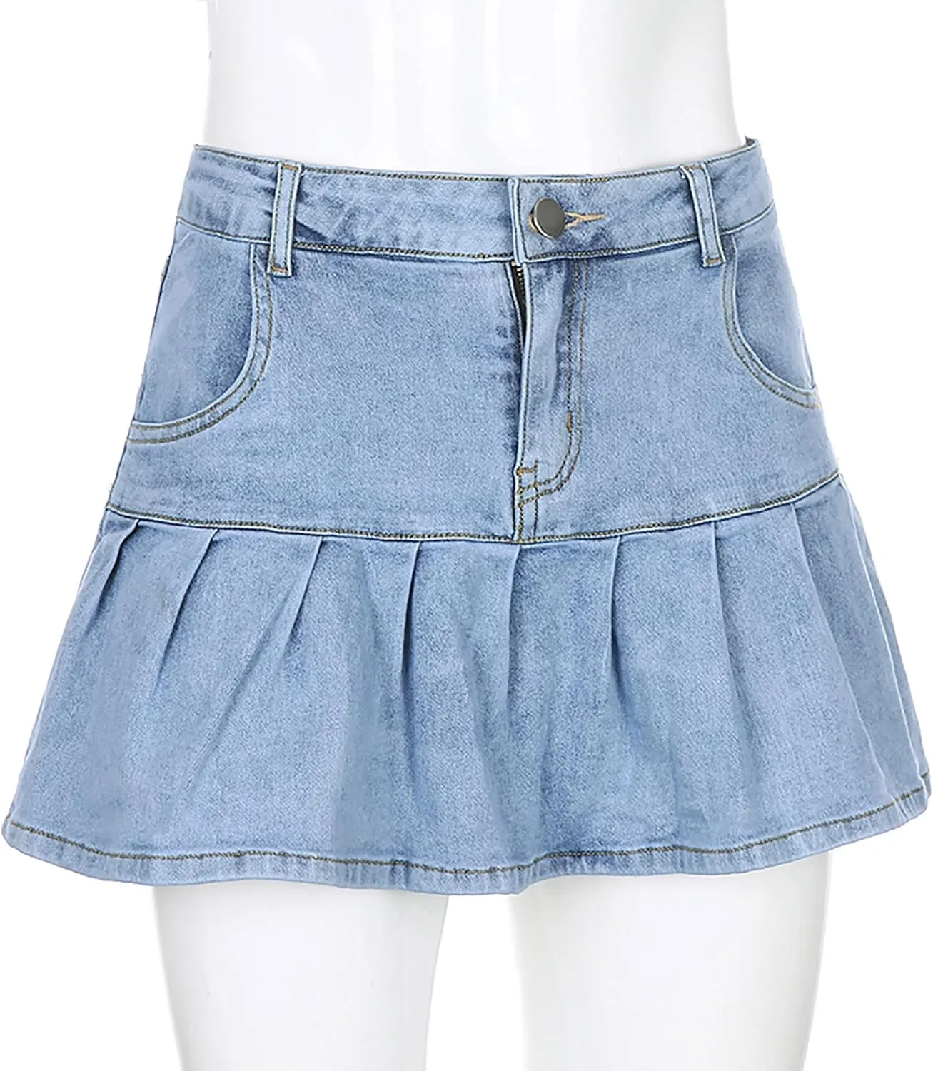 tuduoms Women Denim Pleated Skirts High Waist Slim A Line Ruffle Trumpet Mini Skirts Sweet Sexy Fashion Short Skirts Girls