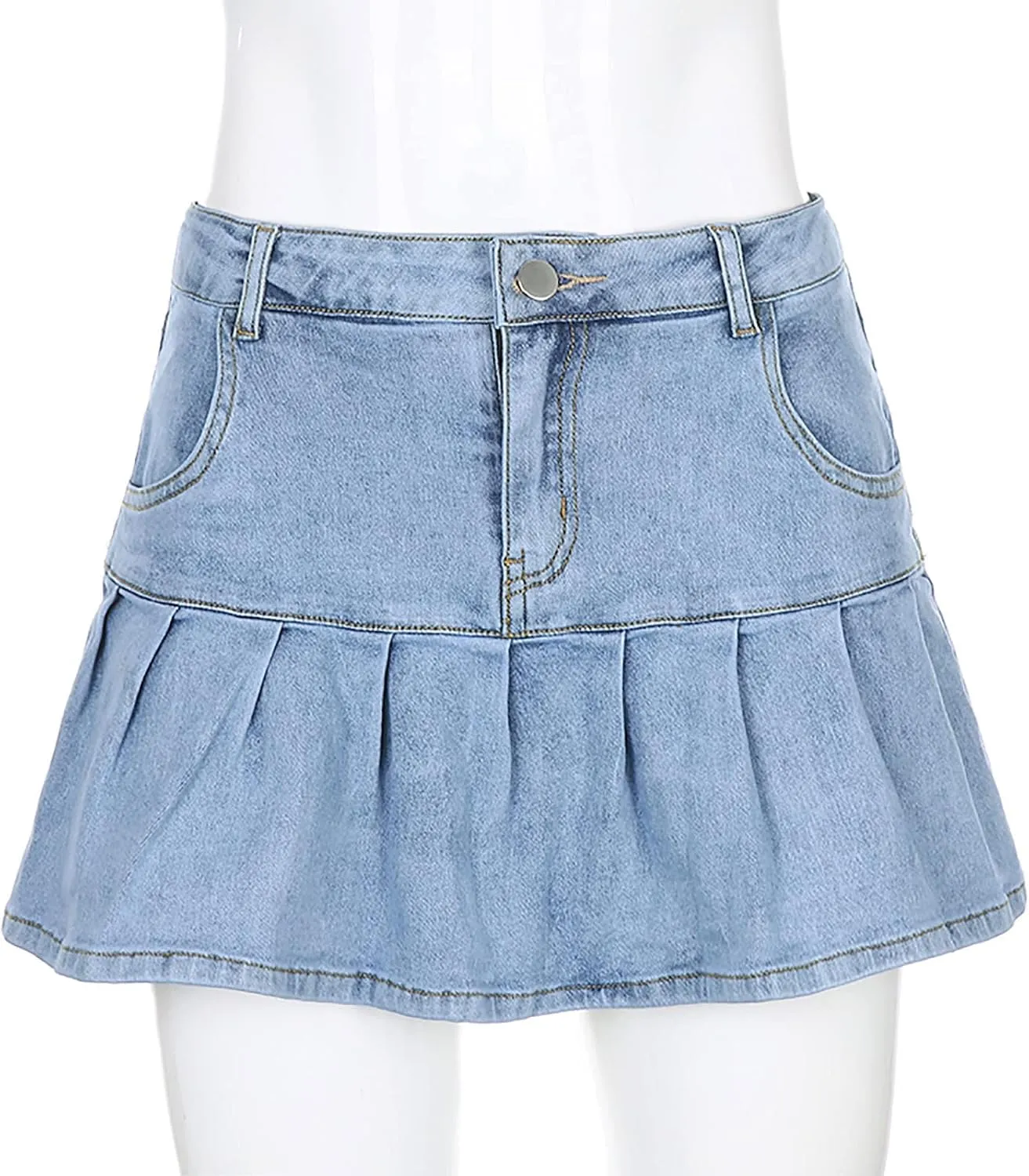 tuduoms Women Denim Pleated Skirts High Waist Slim A Line Ruffle Trumpet Mini Skirts Sweet Sexy Fashion Short Skirts Girls