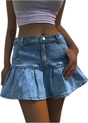 tuduoms Women Denim Pleated Skirts High Waist Slim A Line Ruffle Trumpet Mini Skirts Sweet Sexy Fashion Short Skirts Girls