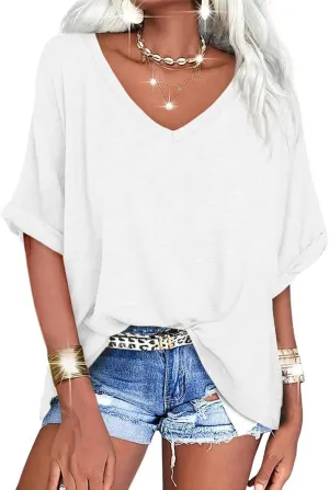 UNCLECAT Women's V Neck Oversized T-Shirts Summer Short Sleeve Shirts Loose Casual Tops Tee