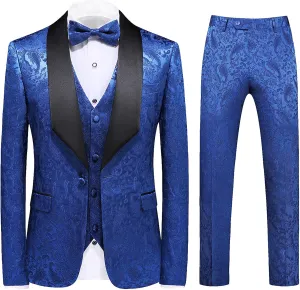 UNINUKOO Mens Suits Slim Fit 3 Piece Jacquard Suit 1 Button Shawl Collar Wedding Formal Tuxedo for Men