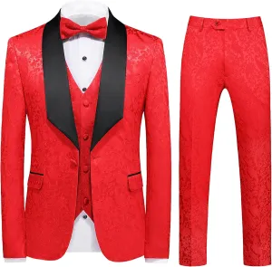 UNINUKOO Mens Suits Slim Fit 3 Piece Jacquard Suit 1 Button Shawl Collar Wedding Formal Tuxedo for Men