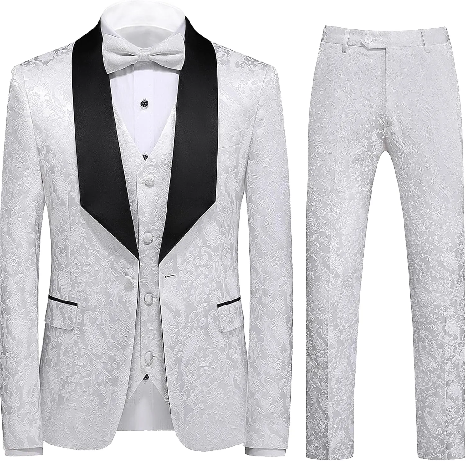 UNINUKOO Mens Suits Slim Fit 3 Piece Jacquard Suit 1 Button Shawl Collar Wedding Formal Tuxedo for Men