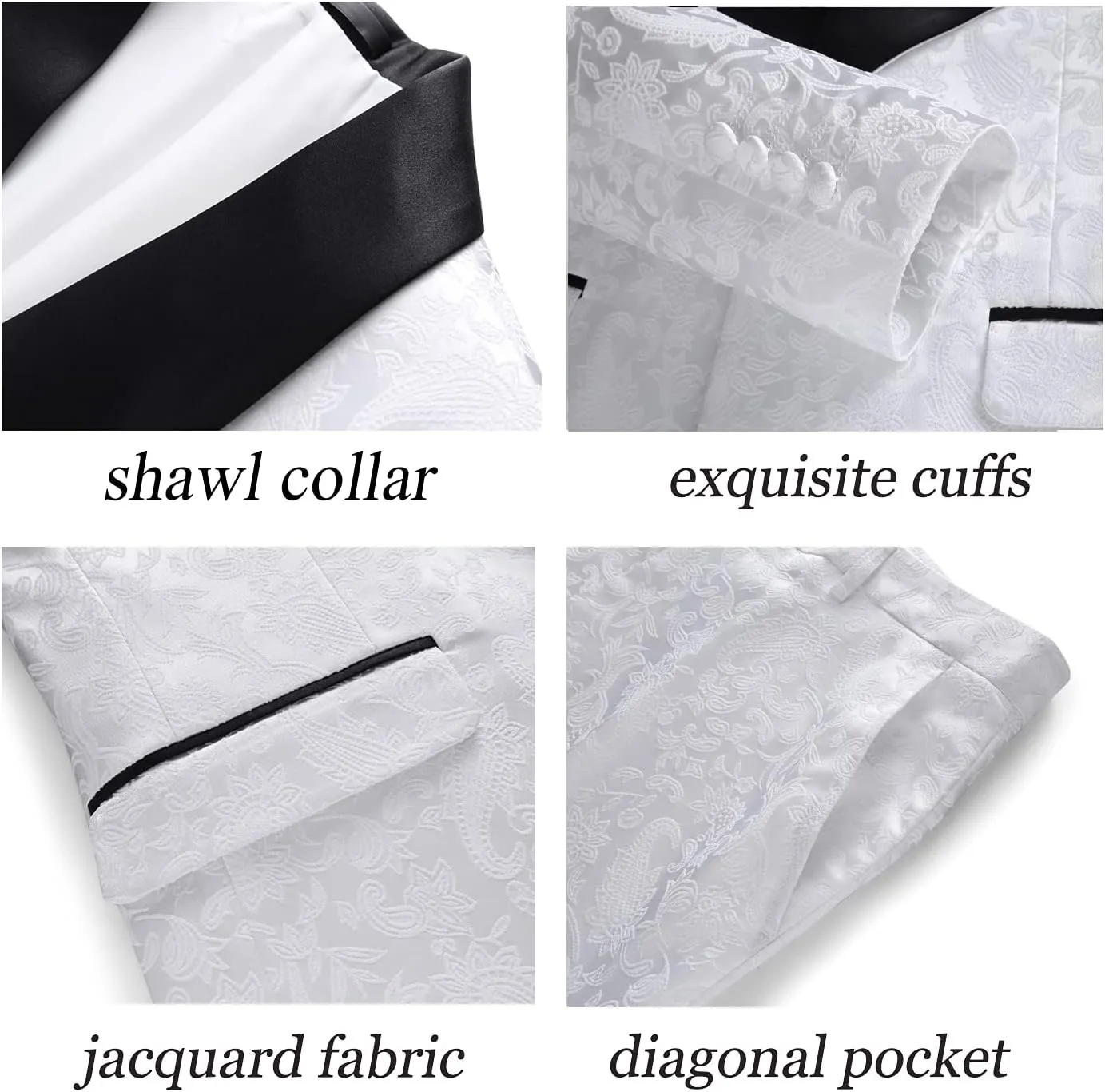 UNINUKOO Mens Suits Slim Fit 3 Piece Jacquard Suit 1 Button Shawl Collar Wedding Formal Tuxedo for Men
