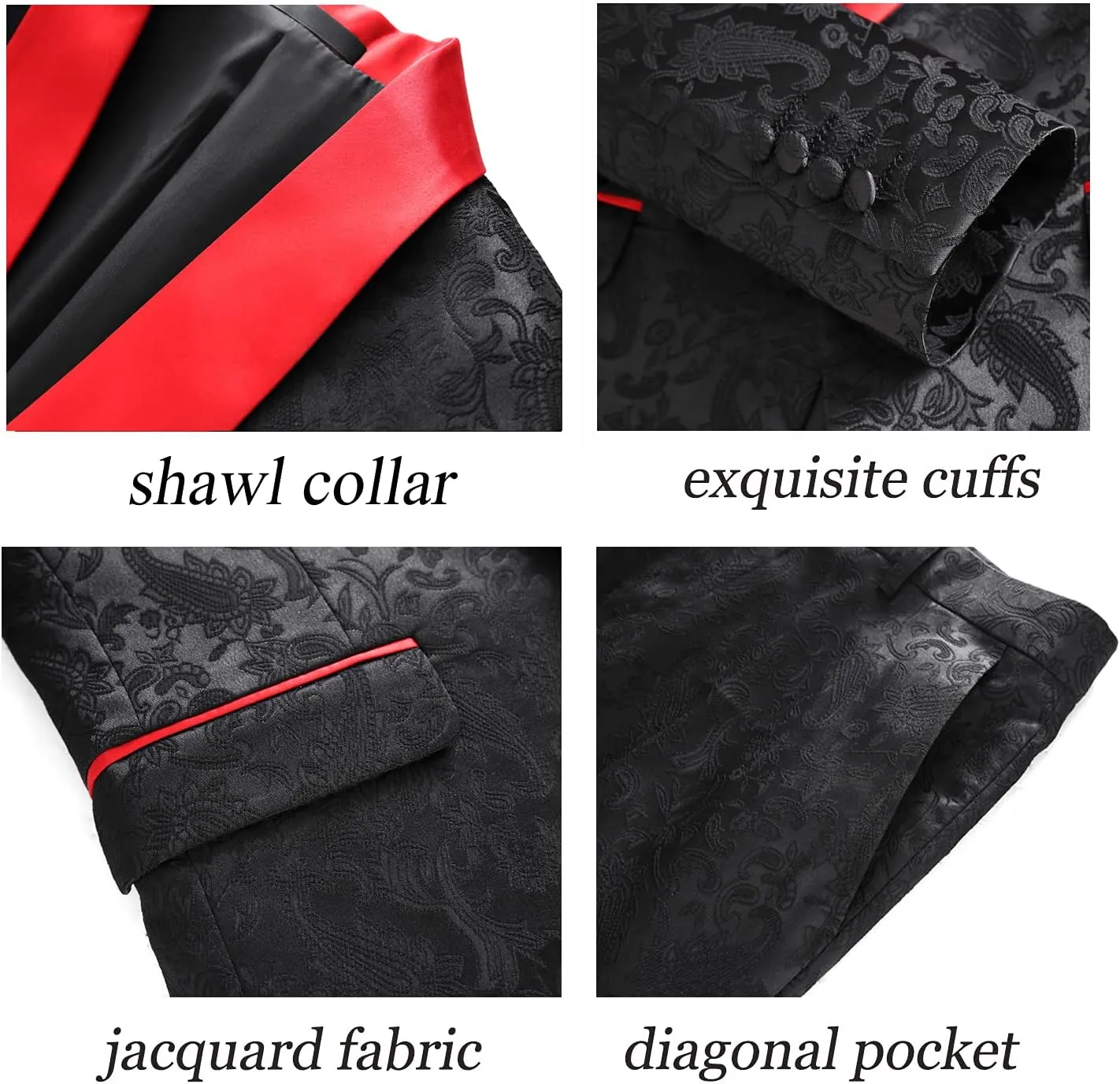 UNINUKOO Mens Suits Slim Fit 3 Piece Jacquard Suit 1 Button Shawl Collar Wedding Formal Tuxedo for Men