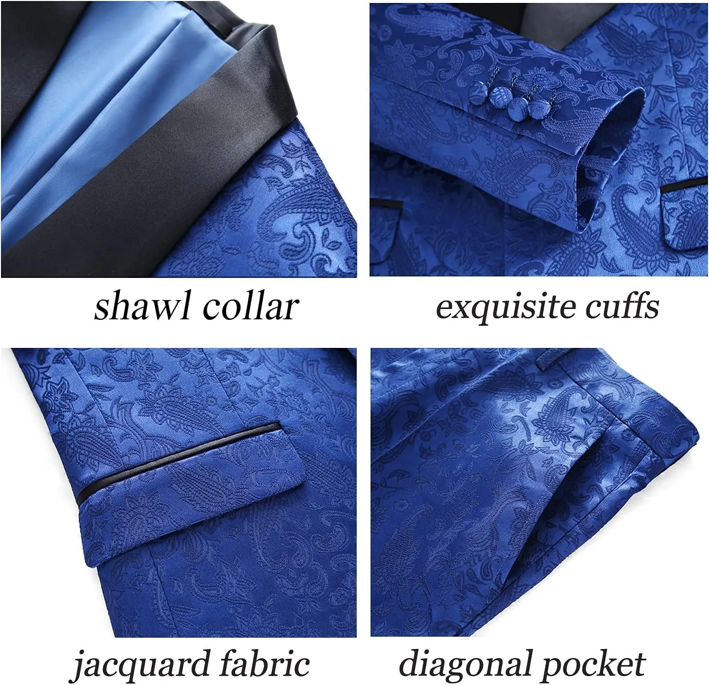 UNINUKOO Mens Suits Slim Fit 3 Piece Jacquard Suit 1 Button Shawl Collar Wedding Formal Tuxedo for Men