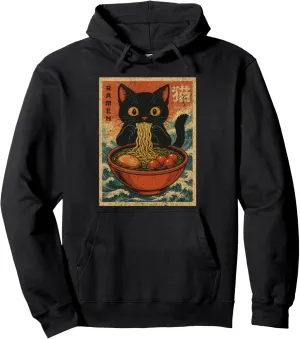 Unisex Anime Cat Ramen Japanese Funny Graphic Tee Kawaii Cat Pullover Hoodie