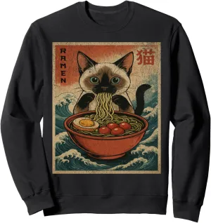 Unisex Anime Cat Ramen Japanese Funny Graphic Tee Kawaii Cat Sweatshirt