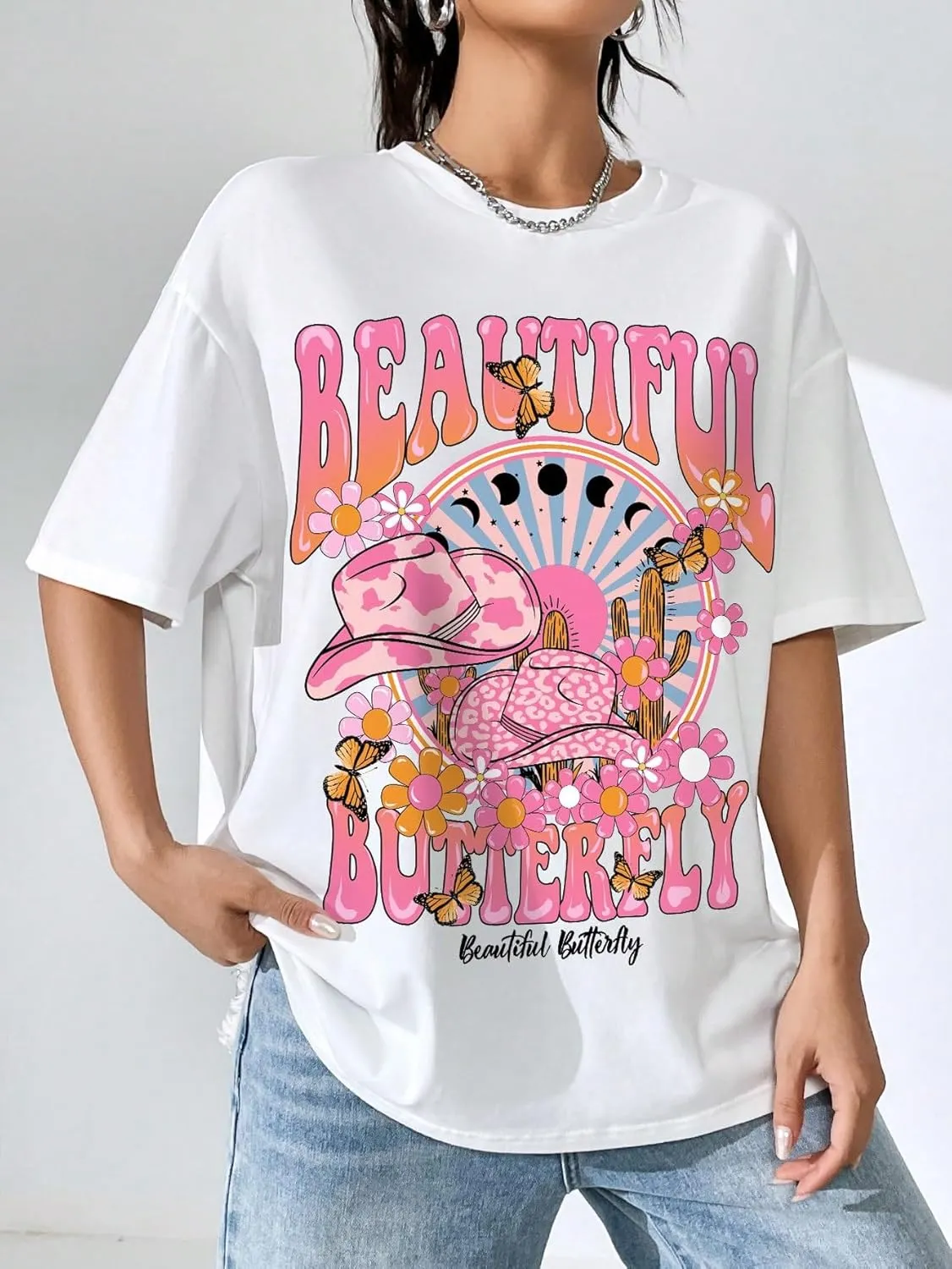 Verdusa Women's Letter Print Tee Shirt Oversized Crew Neck Drop Shoulder Casual Tops