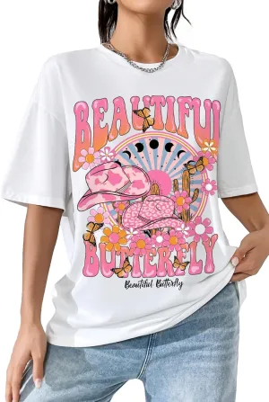 Verdusa Women's Letter Print Tee Shirt Oversized Crew Neck Drop Shoulder Casual Tops