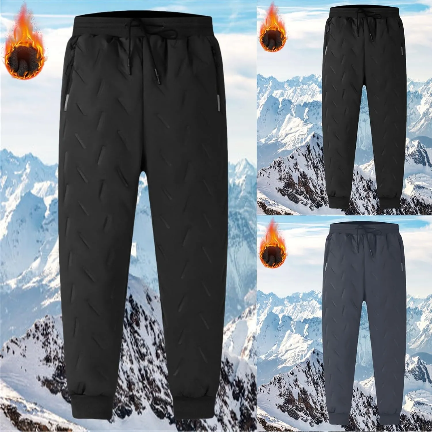 Warm Sweatpants for Men Fleece Lined Waterproof Thermal Winter Pants Plus Size Elastic Waist Trousers with Zip Pocket
