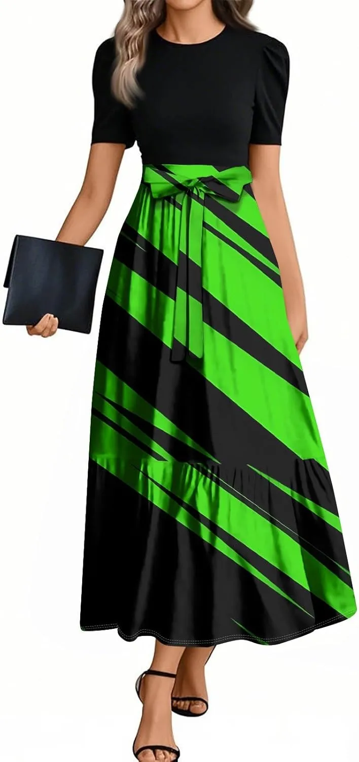 Wedding Guest Dresses for Women Summer Short Sleeve Floral Long Dress Elegant Party Cocktail A Line Flowy Maxi Dress