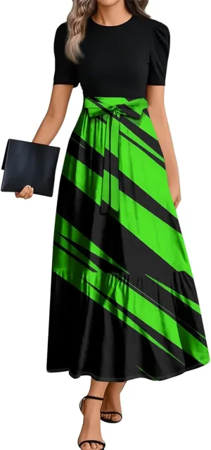 Wedding Guest Dresses for Women Summer Short Sleeve Floral Long Dress Elegant Party Cocktail A Line Flowy Maxi Dress