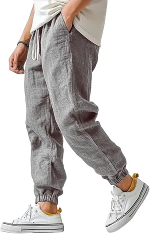 WENKOMG1 Cotton Linen Pants for Men Ankle Length Elastic Waist Drawstring Casual Beach Pants Lightweight Lounge Wears