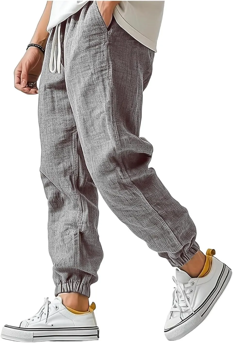 WENKOMG1 Cotton Linen Pants for Men Ankle Length Elastic Waist Drawstring Casual Beach Pants Lightweight Lounge Wears