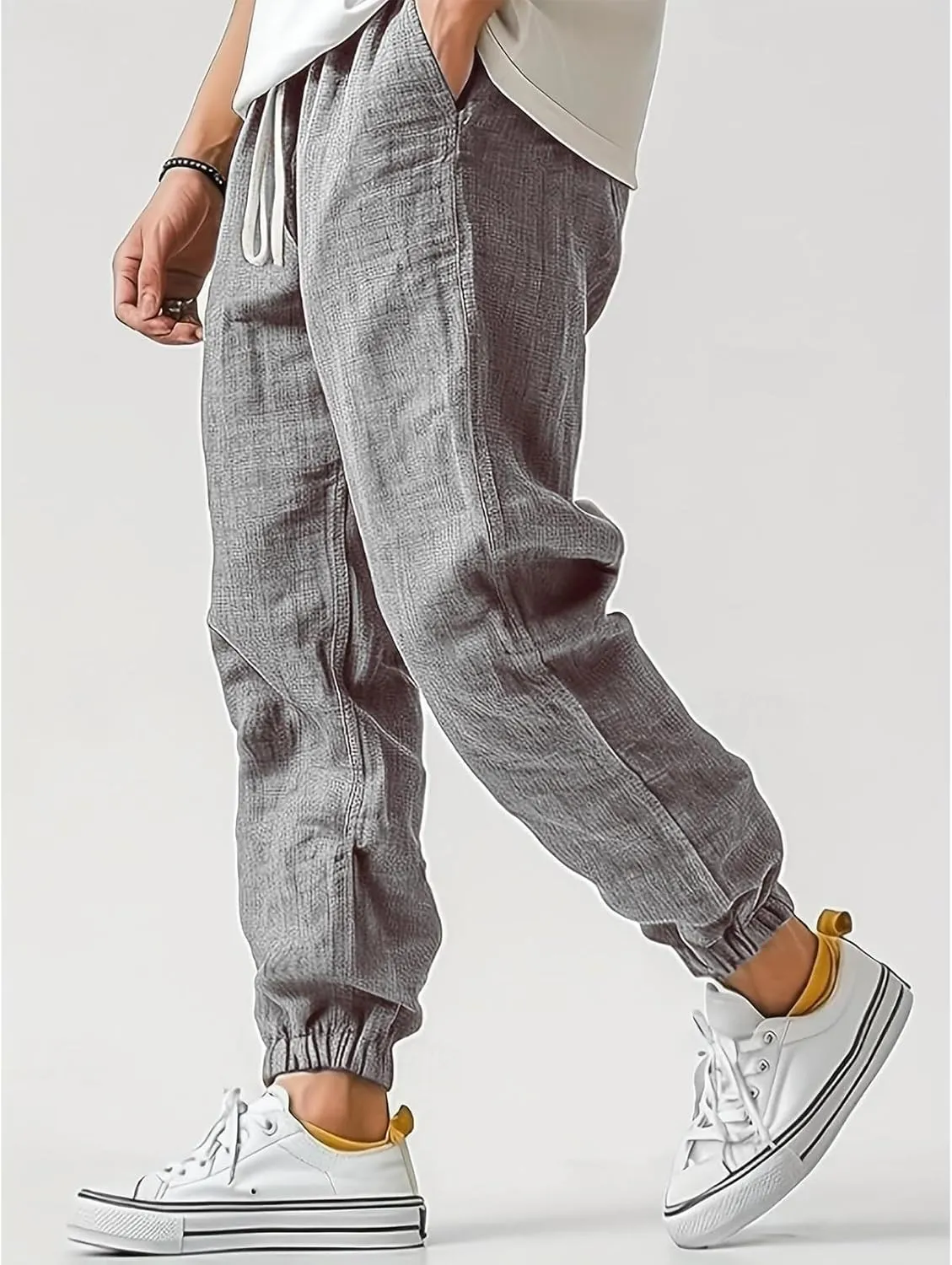 WENKOMG1 Cotton Linen Pants for Men Ankle Length Elastic Waist Drawstring Casual Beach Pants Lightweight Lounge Wears