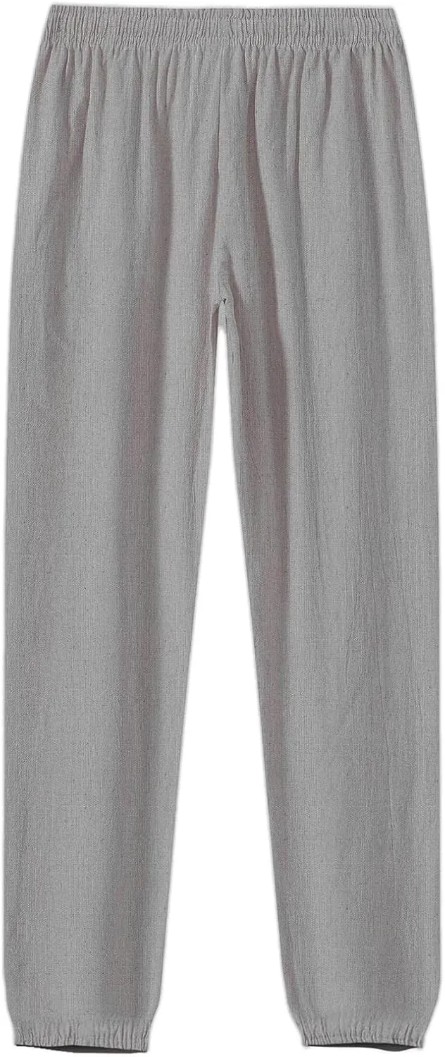 WENKOMG1 Cotton Linen Pants for Men Ankle Length Elastic Waist Drawstring Casual Beach Pants Lightweight Lounge Wears