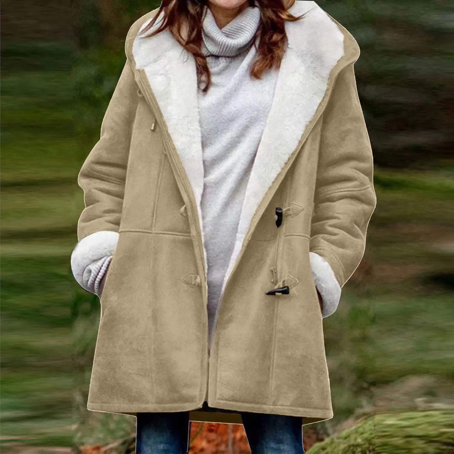 Winter Coats for Women 2024 Warm Sherpa Fleece Lined Distressed Jackets Hooded Parka Faux Suede Pea Coat Outerwear