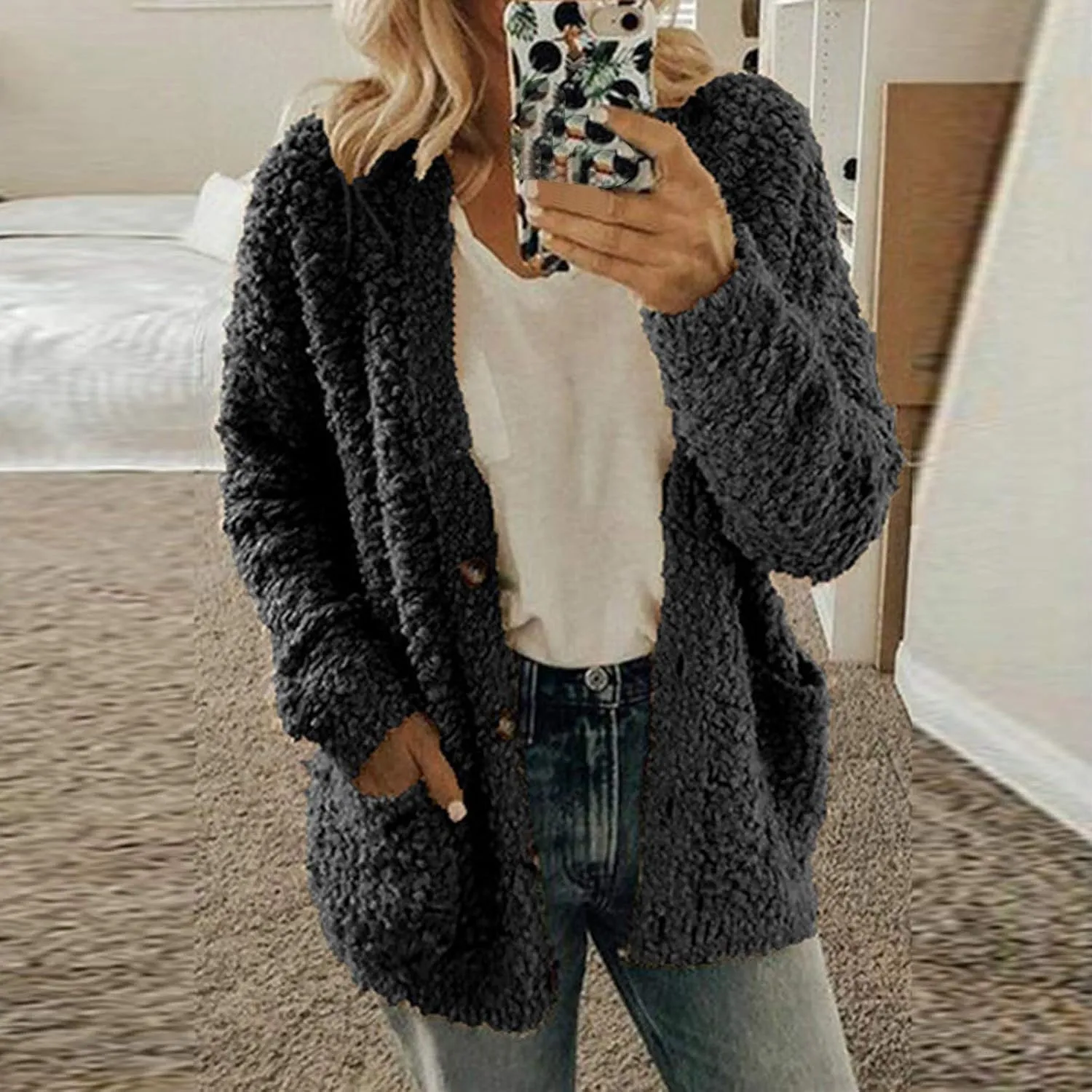 Winter Coats for Women Fleece Jacket Warm Casual Coats with Pockets Long Sleeve Button Down Cardigans Sweaters