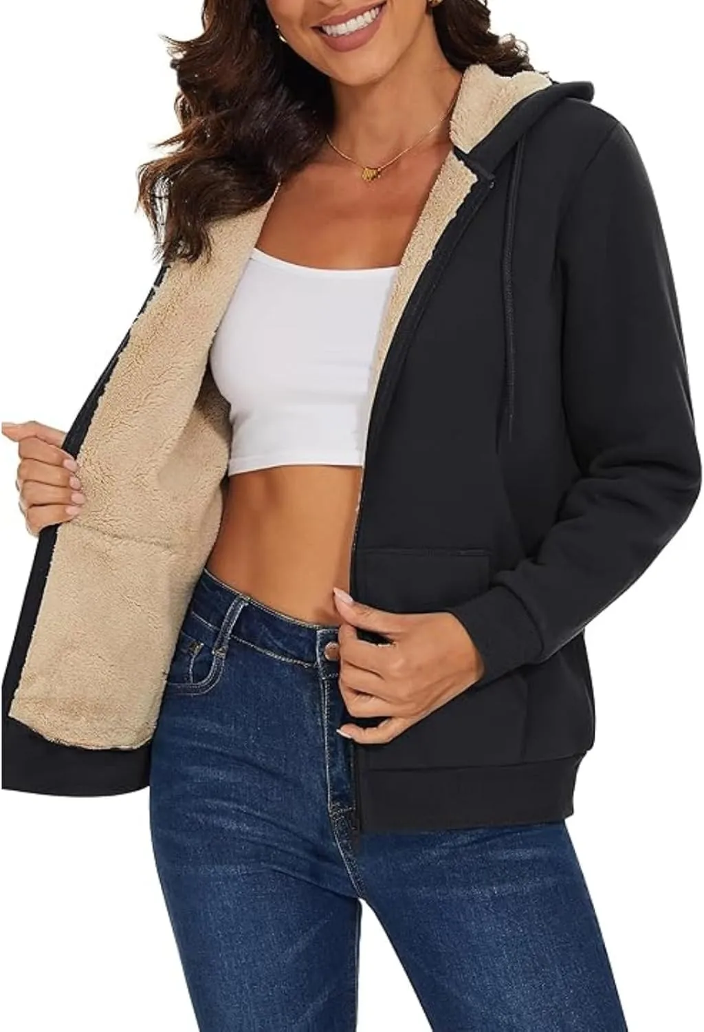 Winter Coats for Women Full Zip Sherpa Lined Hoodie Plain Warm Fleece Jacket Lightweight Versatile Sweatshirts