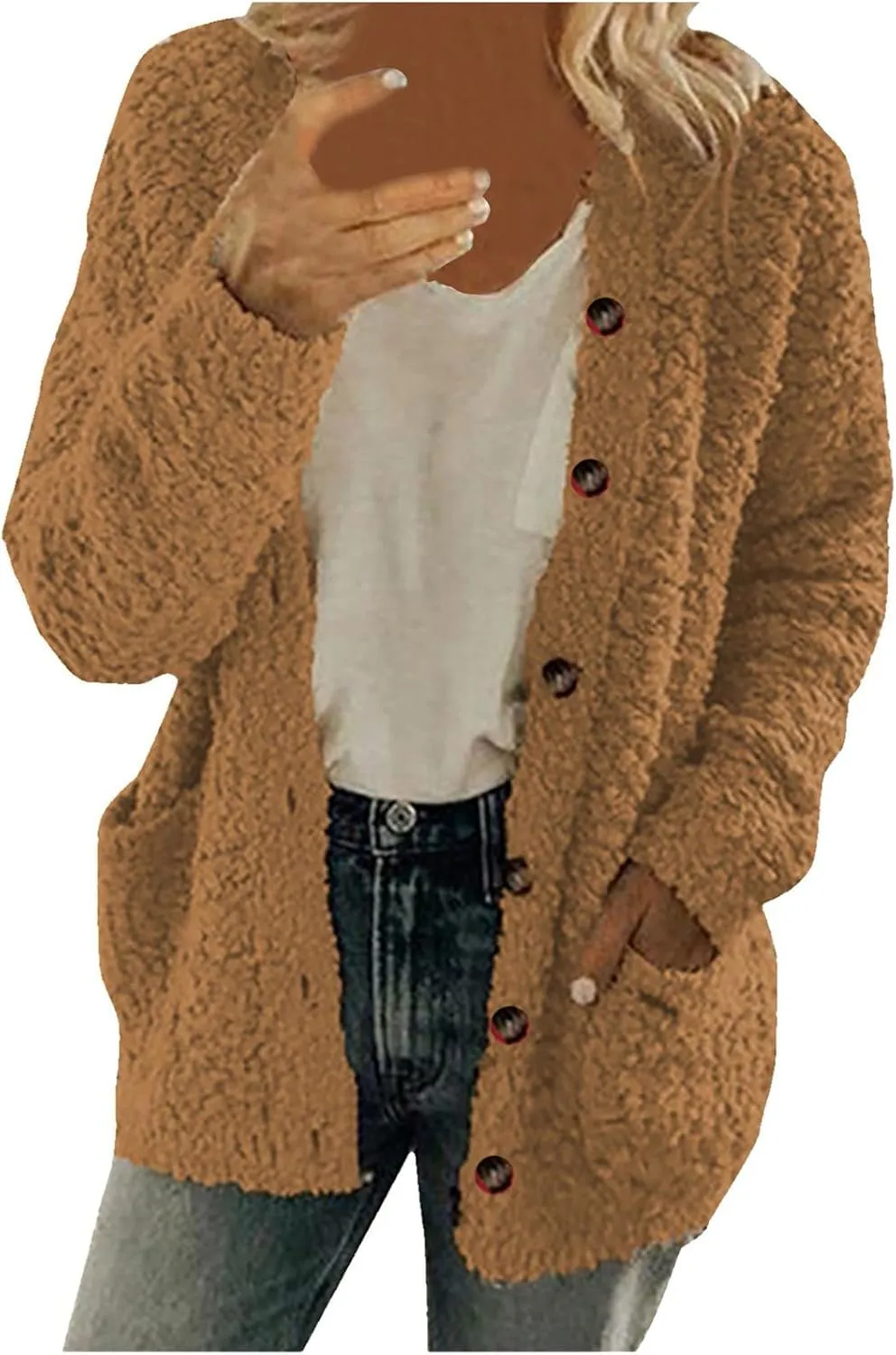 Winter Fleece Coats for Women Fuzzy Long Sleeve Warm Teddy Jacket Soft Sherpa Button Up Cardigan Casual Outerwear