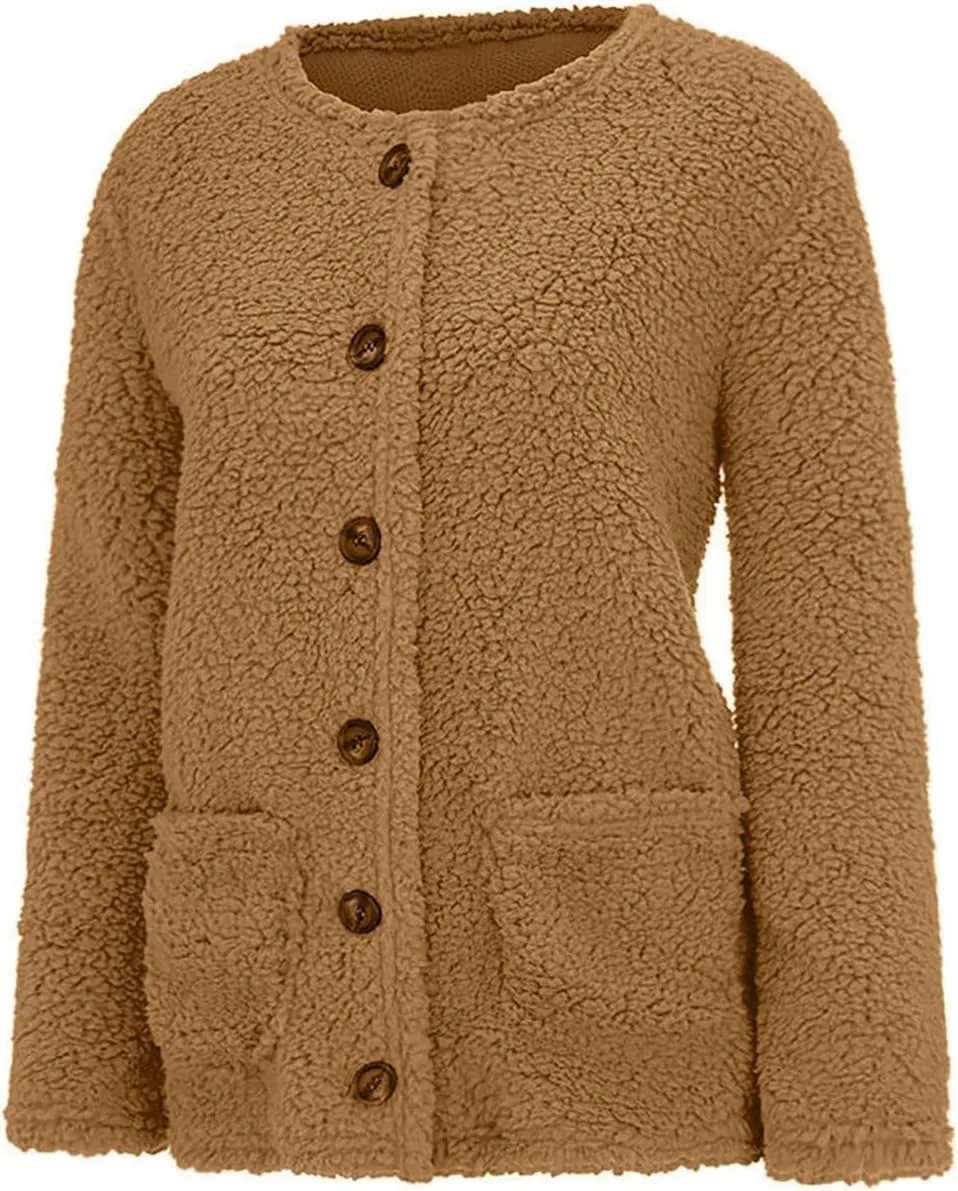 Winter Fleece Coats for Women Fuzzy Long Sleeve Warm Teddy Jacket Soft Sherpa Button Up Cardigan Casual Outerwear