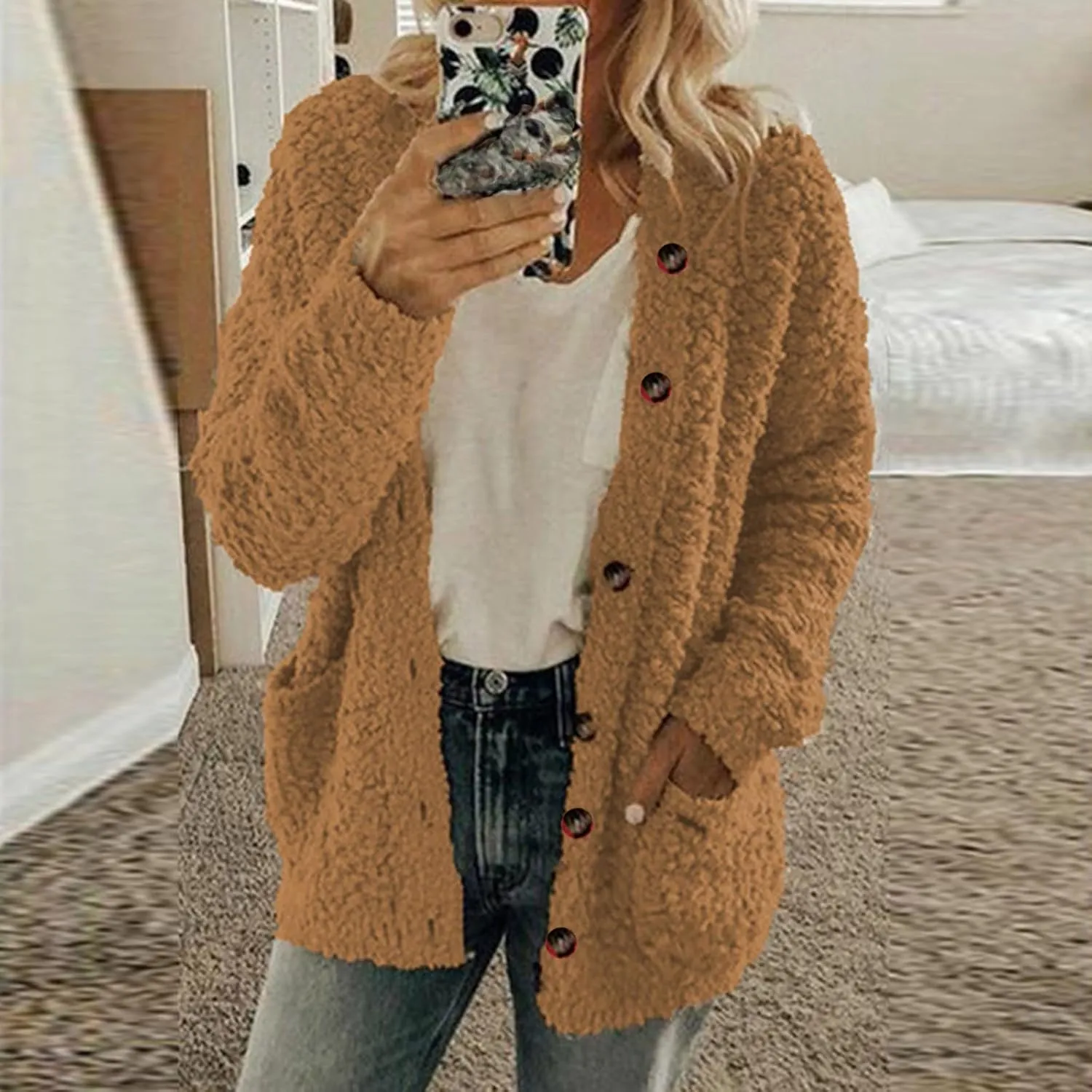 Winter Fleece Coats for Women Fuzzy Long Sleeve Warm Teddy Jacket Soft Sherpa Button Up Cardigan Casual Outerwear