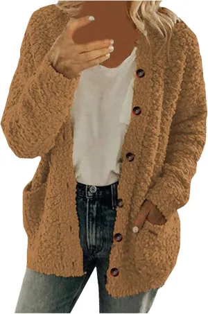 Winter Fleece Coats for Women Fuzzy Long Sleeve Warm Teddy Jacket Soft Sherpa Button Up Cardigan Casual Outerwear