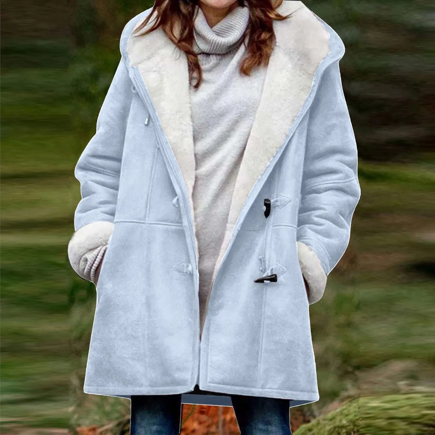Winter Jackets for Women Sherpa Lined Jacket Women Duffle Toggle Coat Hooded Fleece Jacket Loose Fit Warm Coats