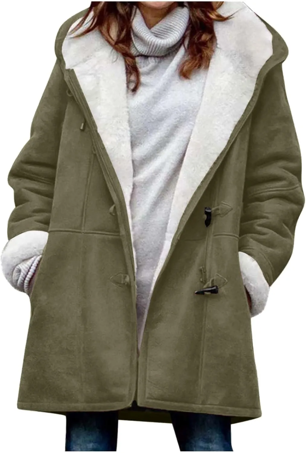 Winter Jackets for Women Sherpa Lined Jacket Women Duffle Toggle Coat Hooded Fleece Jacket Loose Fit Warm Coats