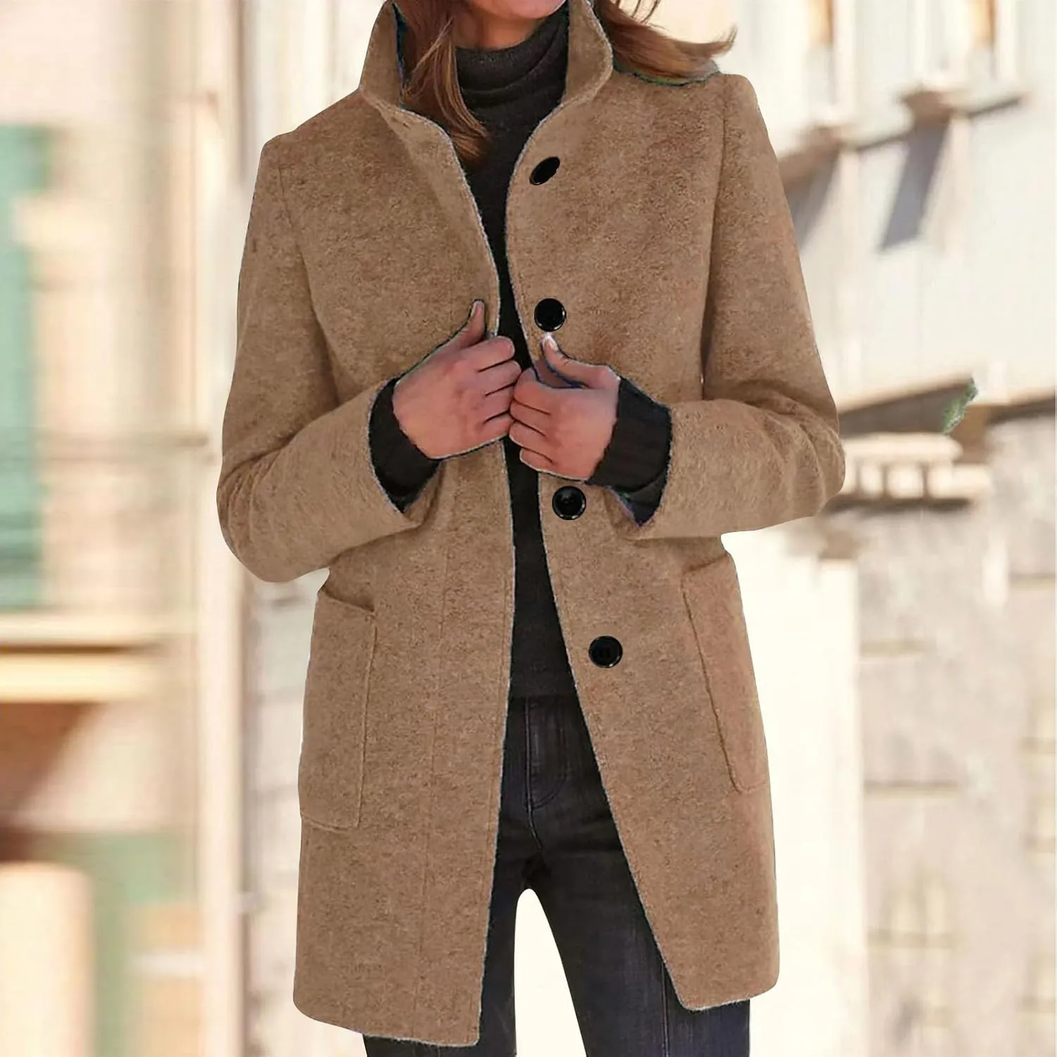 Winter Long Pea Coats for Women Wool Blend Stand Collar Single Breasted Blazer Jacket 2025 Casual Peacoat Overcoat