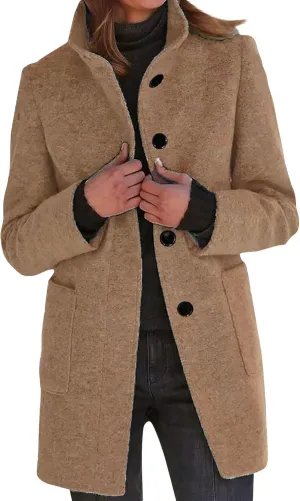 Winter Long Pea Coats for Women Wool Blend Stand Collar Single Breasted Blazer Jacket 2025 Casual Peacoat Overcoat