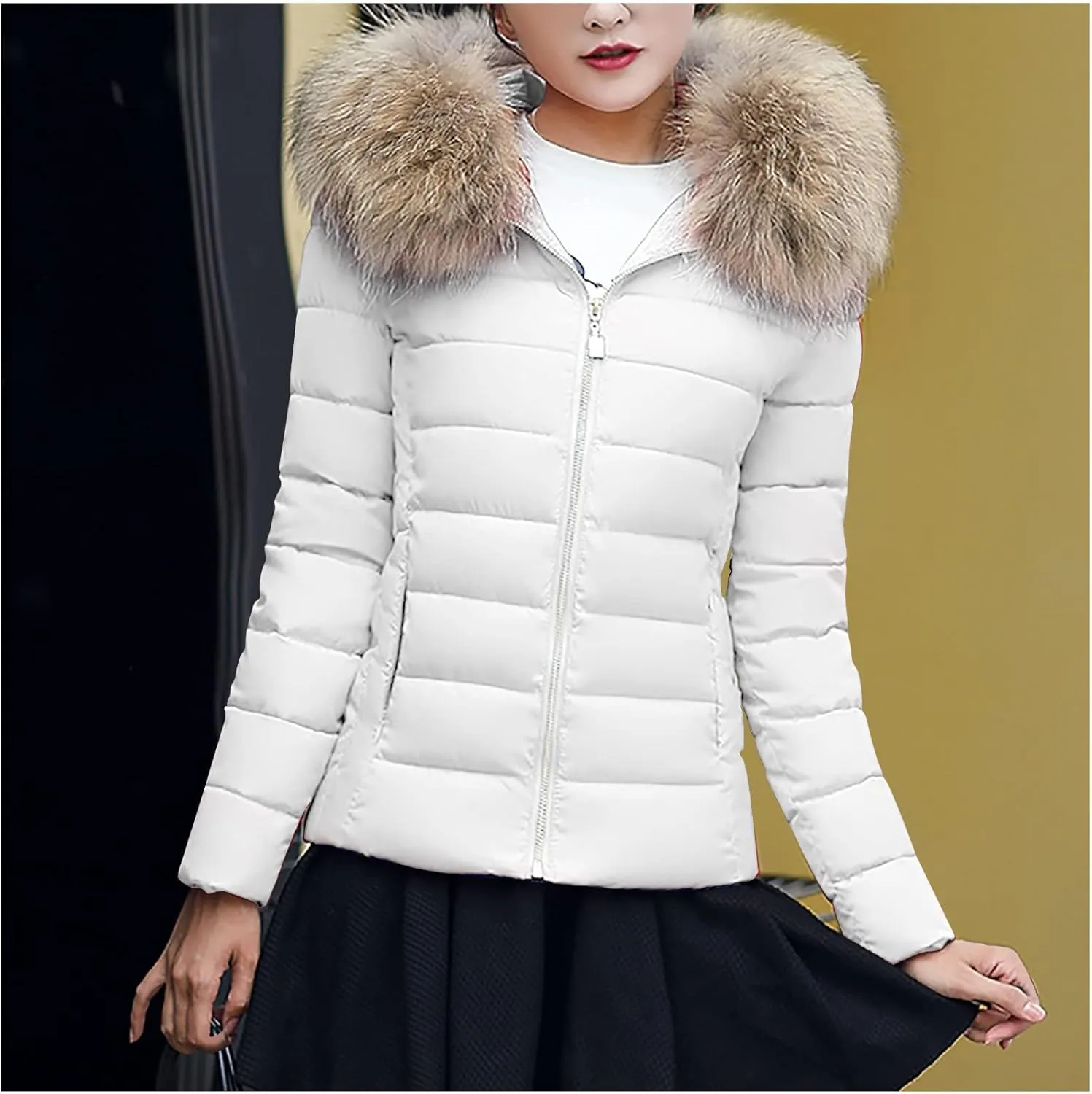 Winter Puffer Jackets for Women Plus Size Down Coats Zip Up Thermal Jacket Parkas Faux Fur Collar Hoodie Warm Outwear