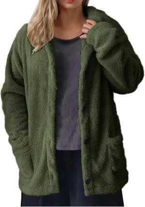 Winter Warm Fleece Jackets for Women Casual Lapel Long Sleeve Button Down Sherpa Coat Oversized Open Front Cardigans