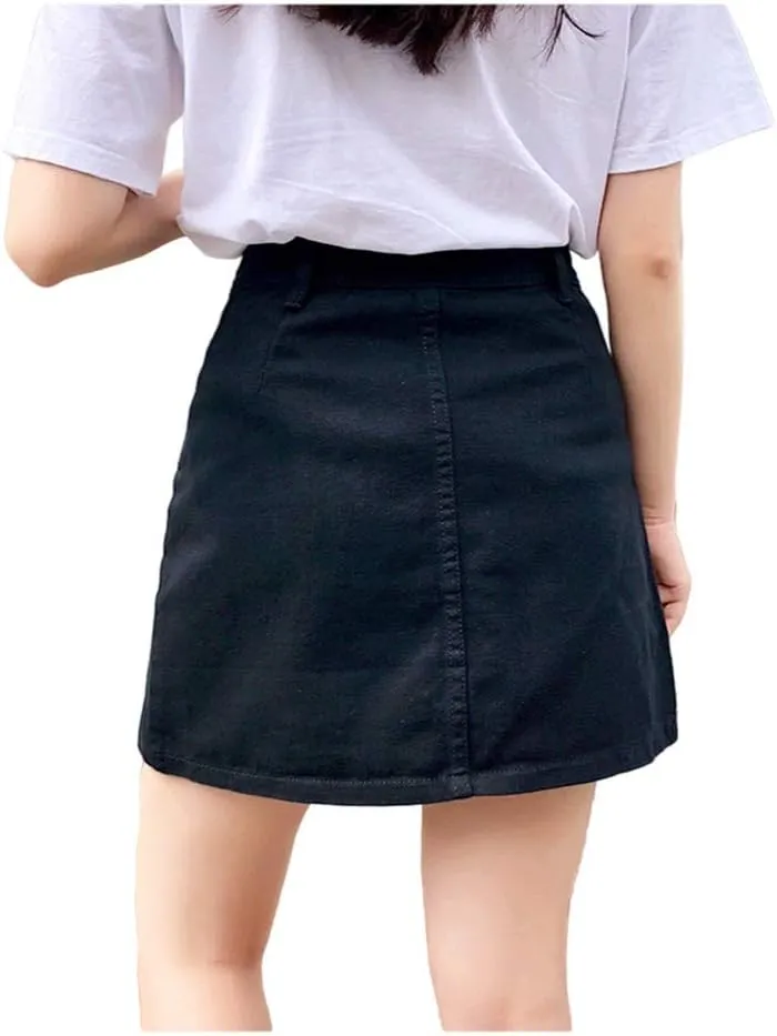 Women A-line High Waisted Short Mini Jean Denim Pencil Skirts Double Pockets Button-Front