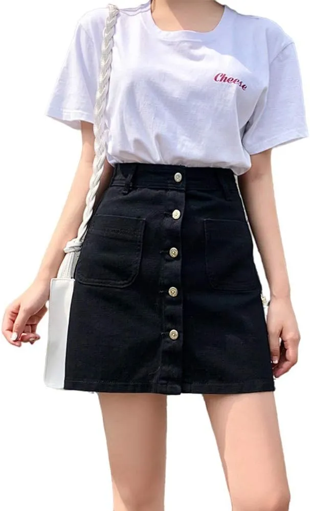 Women A-line High Waisted Short Mini Jean Denim Pencil Skirts Double Pockets Button-Front