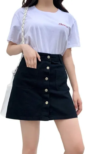 Women A-line High Waisted Short Mini Jean Denim Pencil Skirts Double Pockets Button-Front