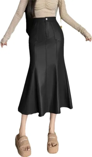 Women Autumn Winter Vintage High Waist PU Leather Skirts Fishtail Wrapped Pencil Skirts