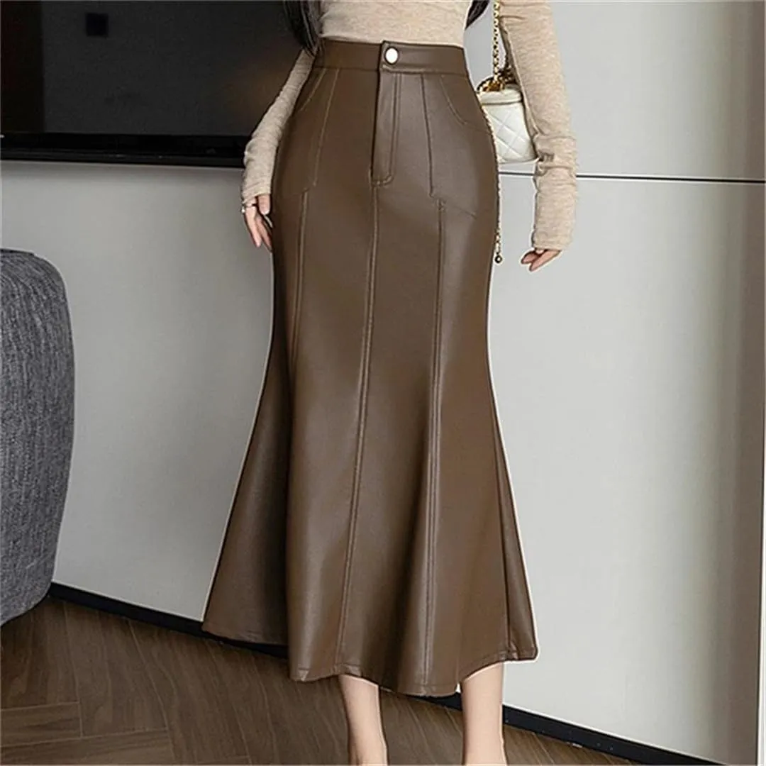 Women Autumn Winter Vintage High Waist PU Leather Skirts Fishtail Wrapped Pencil Skirts
