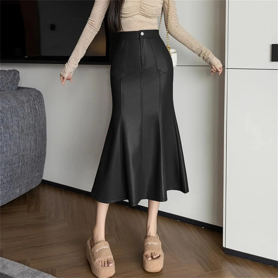 Women Autumn Winter Vintage High Waist PU Leather Skirts Fishtail Wrapped Pencil Skirts